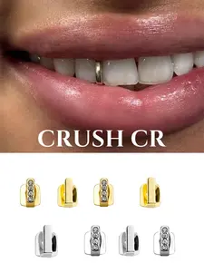 CRUSH CR 14K Gold Plated  Copper Single-Tooth Grillz, CZ Stones/Plain Style, Gold/Rose Gold/Silver Options, Unisex Hip-Hop Tooth Jewelry For Black Women, Girls & Men, Suitable For Parties, Street Fashion & Daily Wear