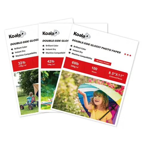 Koala Double-Sided Glossy Inkjet Photo Paper 120g/160g/260g Quick-Drying High Color Consistency Vivid Printing High Gloss Finish 8.5x11", DIY Craft Paper