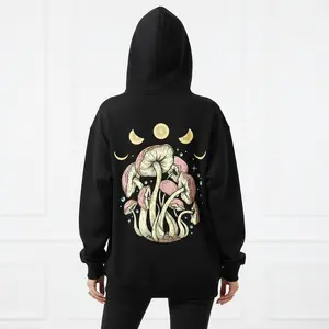 Women's Mushroom & Moon Print Graphic Hoodie - Cotton Blend Black Long Sleeve Pullover Regular Fit | Soft & Breathable Fabric, Durable Print, Everyday Comfort, Machine Washable, casual artistic beach sunset