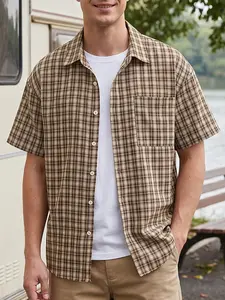 Men's Summer Retro Workwear Style Short Sleeve Shirt, Loose Shoulder Fit, Cuban Collar, Single Button, Chest Pocket, Casual Fashion