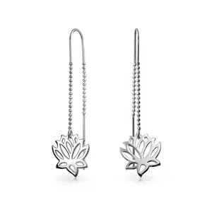 Spiritual Zen Lotus Flower Earrings .925 Sterling Silver Long Chain Threader Stabilizing U Hook
