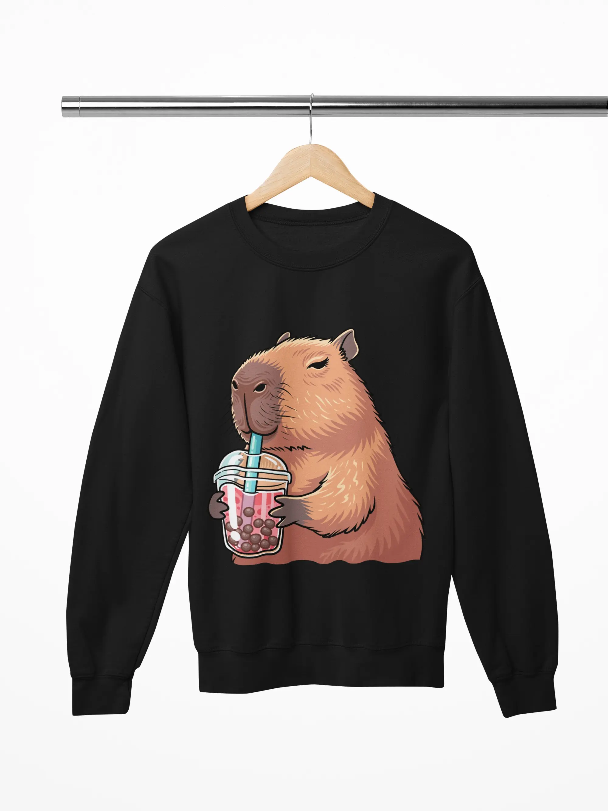 Women's Capybara Animal Sweatshirt with Bubble Tea Graphic, Casual Long Sleeve Pullover Top, Soft Cotton-Polyester Blend with Classic Fit
