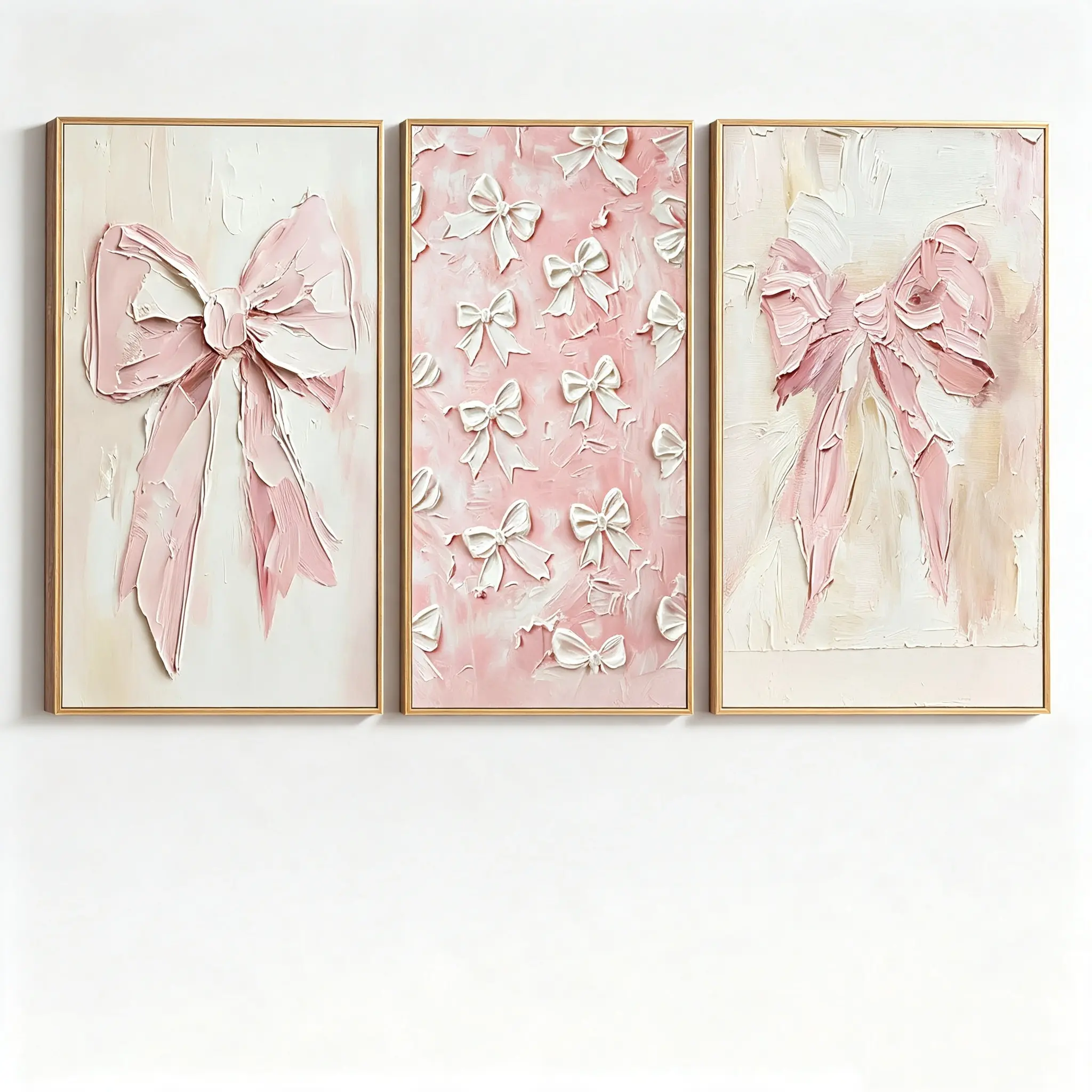 3Pcs Unframed Vintage Pink Bow Canvas Wall Art, Cute Preppy Watercolor Posters, Girly Aesthetic Home Decor for College Apartment Bedroom