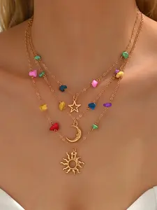 Women's Fashion Three-Layer Colorful Stone Pendant Necklace, Dangling Charms Necklace, Dainty Layering Jewelry, Unique Creative Design Jewelry for Party Daily Vacation Gift
