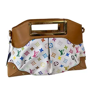 Pre-owned Louis Vuitton Monogram multicolor coated canvas tote bags white multicolor Monogram Judy GM clutch with top handle and studded corners.+little charm++
