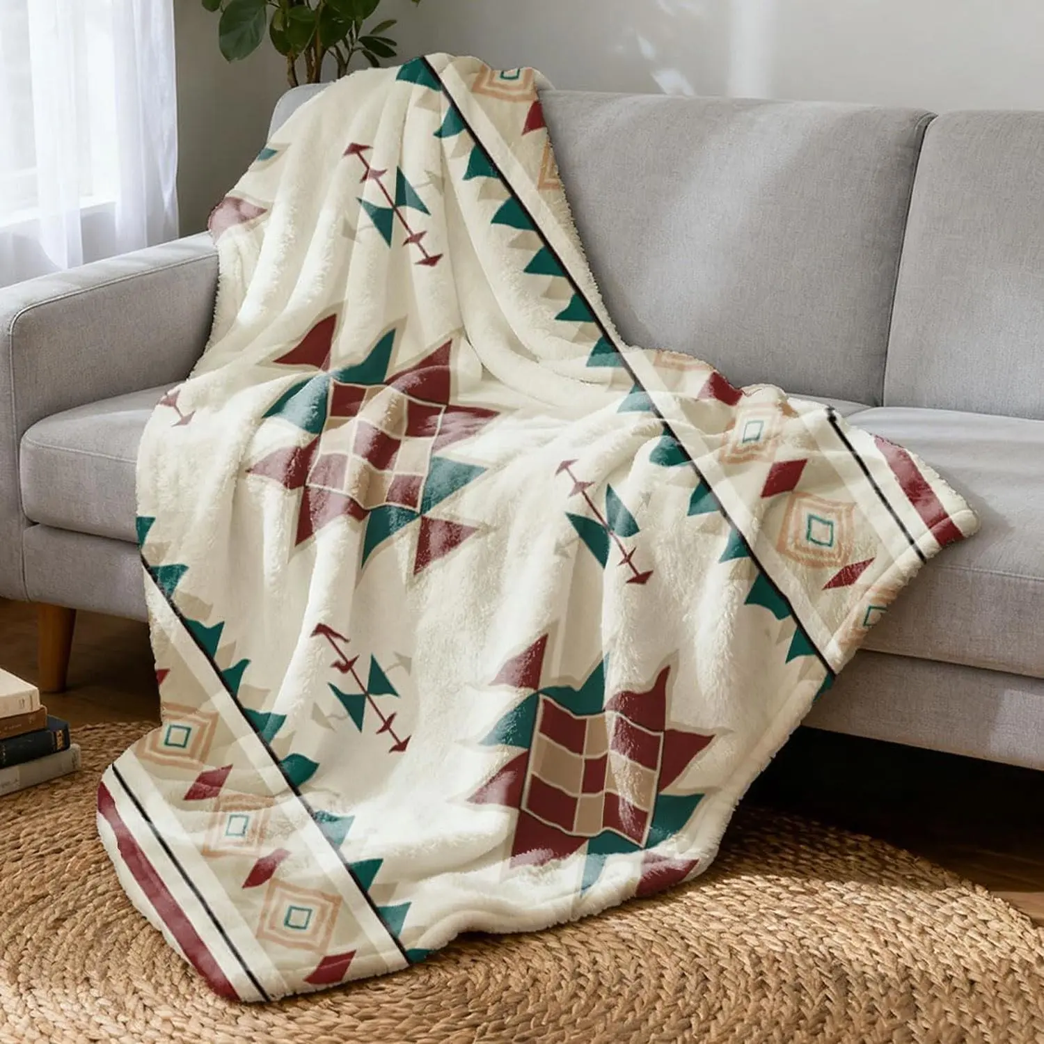 Soft Thick Flannel Blanket Bohemia Rhombus Floral Blankets for Couch Fibre Men Women Warm Decorative Fuzzy Blanket Travel Home Office School(Red Brown)
