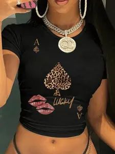 Women's Lip & Ace Of Spades Print Crop Tee, Fashion Casual Crew Neck T-shirt for Daily Holiday Vacation Outdoor Wear, Ladies Clothes for All Seasons, Top, Womenswear