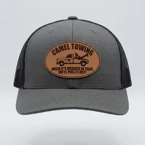 Camel Towing Funny Leather Patch Trucker Hat - Engraved Snapback Cap For Adult Humor - Gift For Men & Funny Gag Lovers