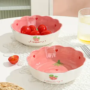 One Ceramic Plate, Pink Cute Ceramic Plate, Strawberry Dinner Plate, Salad Dish, Dessert Plate, Suitable for Family Dormitory Kitchen Restaurant, Tableware Accessories, Kitchen Supplies