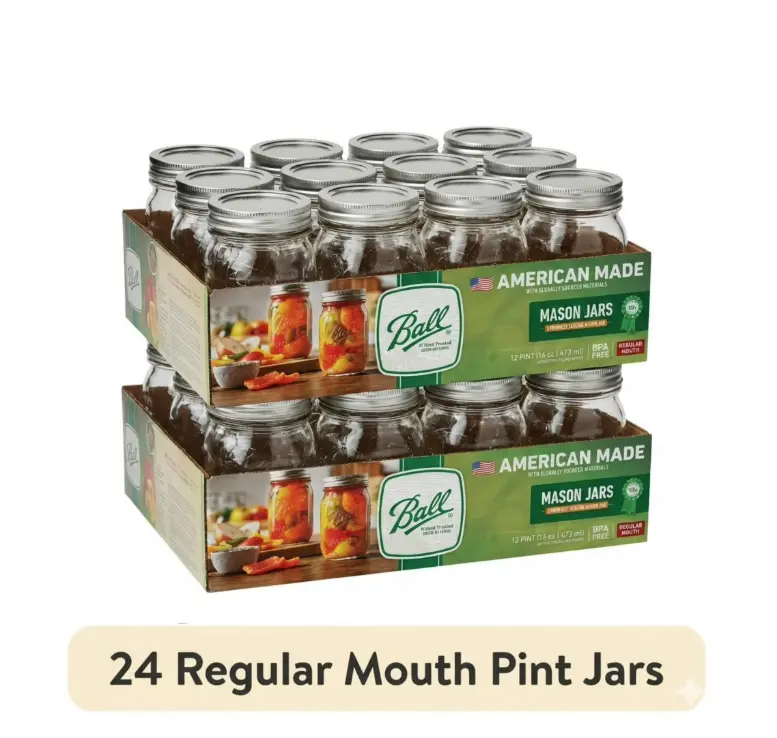 (2 pack) Ball 16 oz Mason Jars, Regular Mouth Pint Canning Jars with Lids and Rings, 12-Pack Glass Jars for Home Canning and Preserving