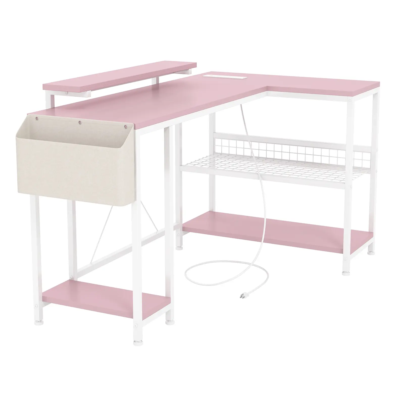49" L-shaped corner computer desk with power outlet and LED lights, reversible gaming writing workstation with storage shelves and monitor stand for home office study