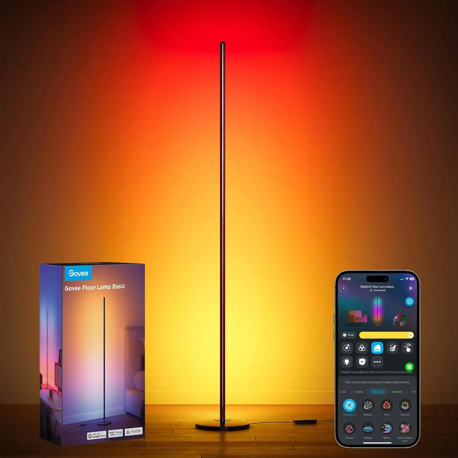 Govee RGBIC Floor Lamp Basic, 1000lm LED Corner Lamp, Black | Compatible with Alexa and Matter, Modern Floor Lamp with Music Sync and 16 Million DIY Colors, Standing Lamp for Bedroom