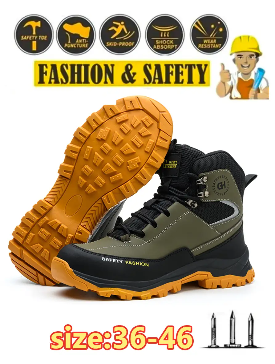 Men's Lace Up High Top Anti Piercing & Anti Smashing Safety Shoes, Lightweight Steel Toe Work Shoes, Non Slip Safety Shoes for Outdoor Work Steel Toe