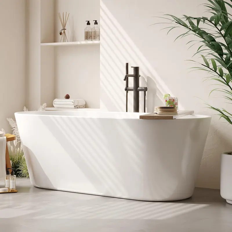 【Christmas Gift】67" Glossy White Acrylic Freestanding Soaking Bathtub, Modern Minimalist Design, Sloped Lumbar Support, Chromed Overflow-Drain, Easy to Clean, CUPC Certified for Quality and Safety, User Manual