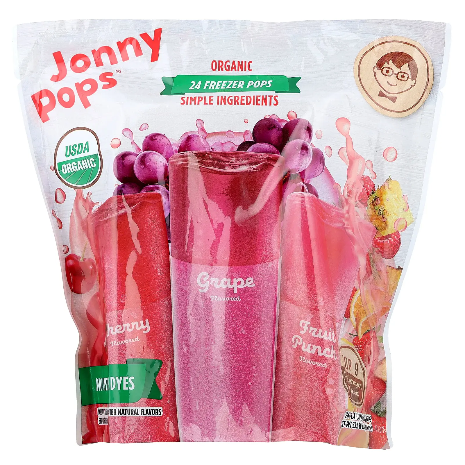 JonnyPops Organic Freezer Pops, Cherry, Grape, Fruit Punch , 24 Count, 1.35 fl oz (40 ml) Each