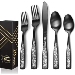 20- Matte Black Silverware Set for 4, Skull Rose Cultery Set 18/0 Stain Finish Stainless Steel, Gothic Skeleton  Decorative Flatware Set, Daily Halloween Party Event Serving For 4