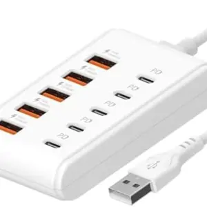 10-Port USB Fast Charging Station, 5-Type C PD + 5-USB a Ports, for Laptops Tablets Multi Devices, Compact Design, High-Speed Charging