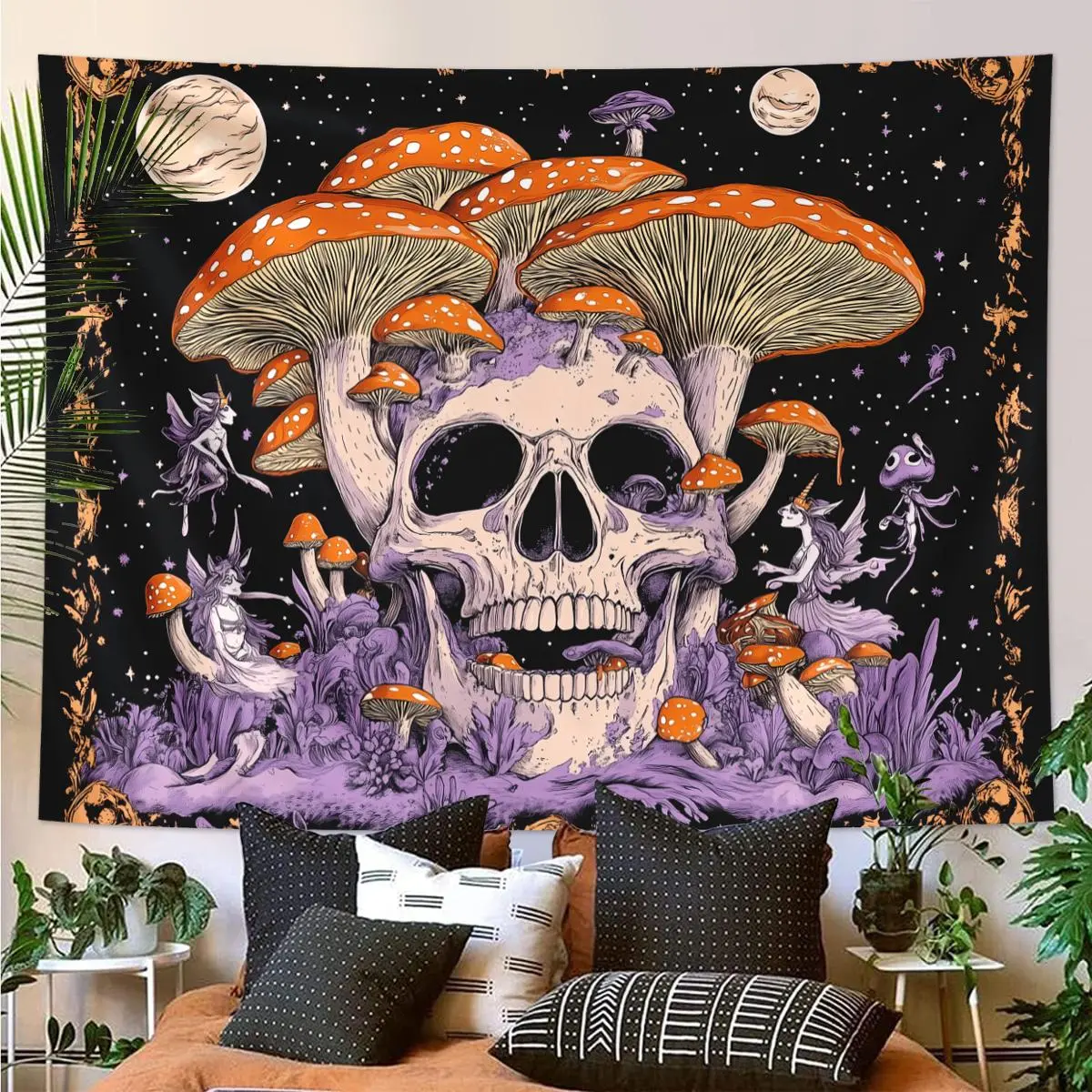 Skull & Mushroom Pattern Tapestry, Gothic Skeleton Tapestry, Abstract Tapestry, Trippy Tapestry, Decorative Tapestry, Tarot Card Aesthetics Home Decoration, Goth Home Decor, Halloween, Tapestry Wall Mural, Tapestry Wall Hanging