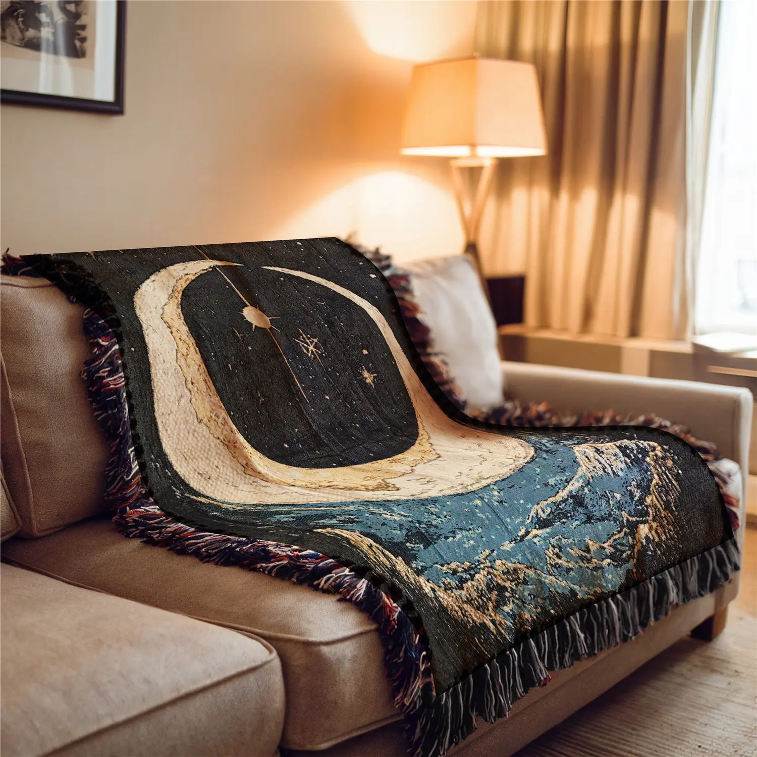 Big Moon Pattern Bohemian Style Sofa Towel: Thick Soft, Yarn Woven Not Printed, Non Fading and Easy To Care, Can Be Used for Home Decoration Bed Chair Tapestry Tablecloth Floor Garden Picnic Travel Outdoor Camping Office Nap, Celestial Sofa Cover