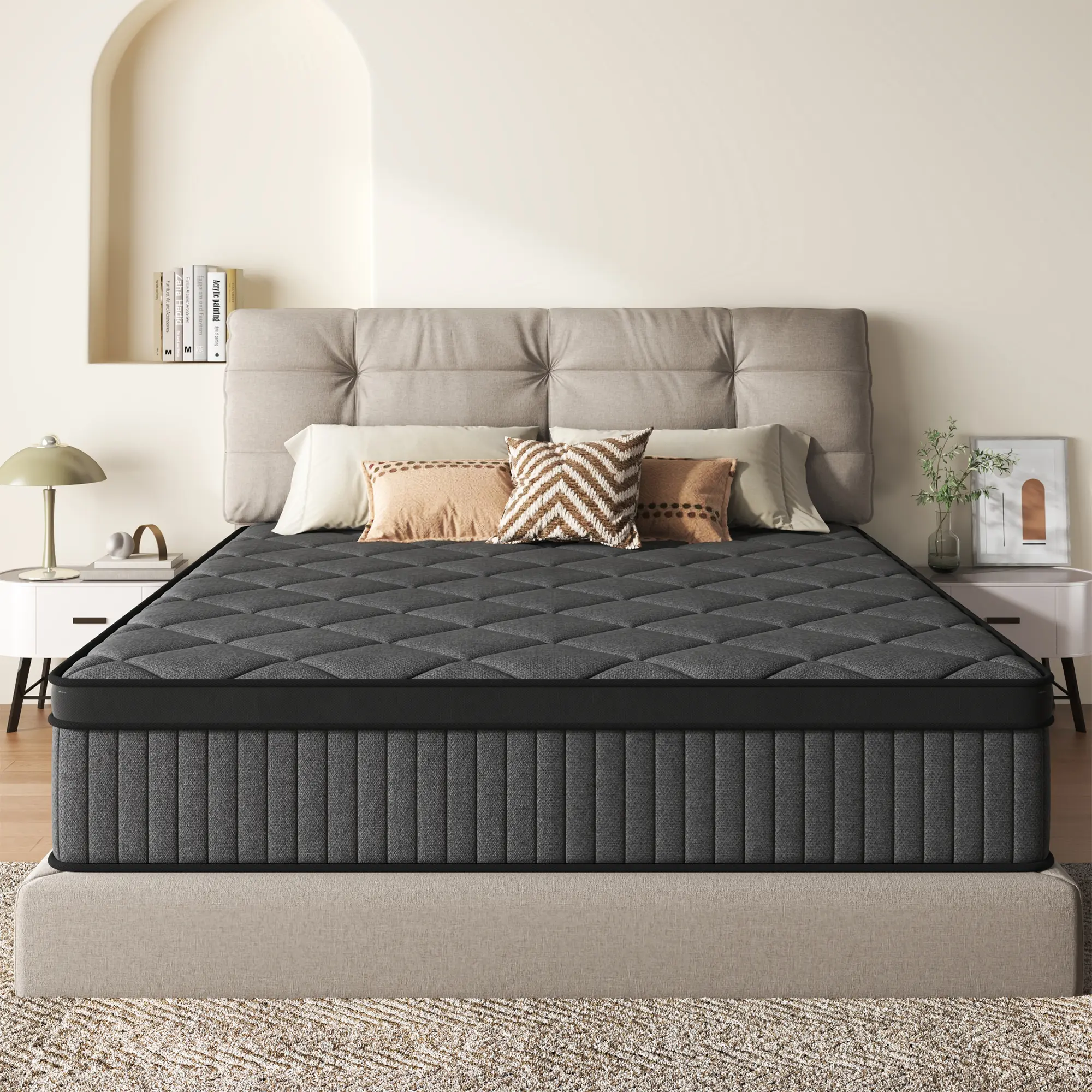 Soges Gel Memory Foam Mattress, 8/10/12 Inches Thickness Medium Firm Mattress with Reinforced Spring for Bedroom, H10A, Modern Design, Black Grey, Twin/Full/Queen/King Size