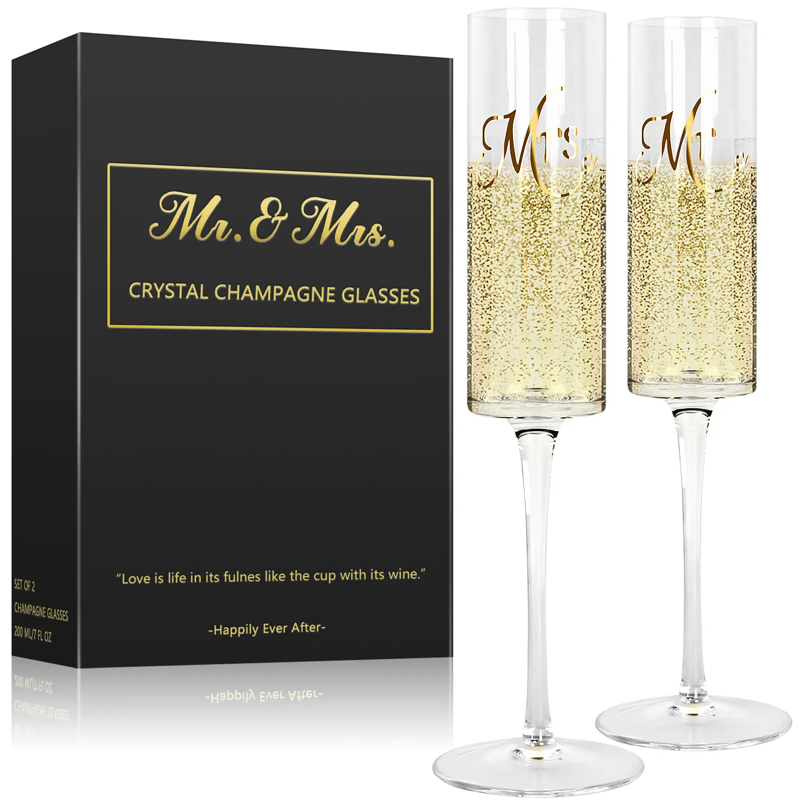 Mr & Mrs 210ml Crystal Champagne Flutes Glass Set of 2 - Elegant Glassware for Bride and Groom Wedding Day Toasting, Husband, Anniversary Party Gifts, Glasses
