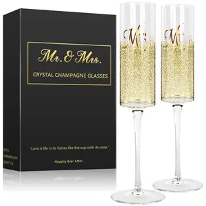 Mr & Mrs Crystal Champagne Flutes 210ml Glass Set of 2 for Bride and Groom Toasting Elegant Wedding Gifts Bridal Shower Unique Anniversary Engagement Gifts for Couples - Glassware