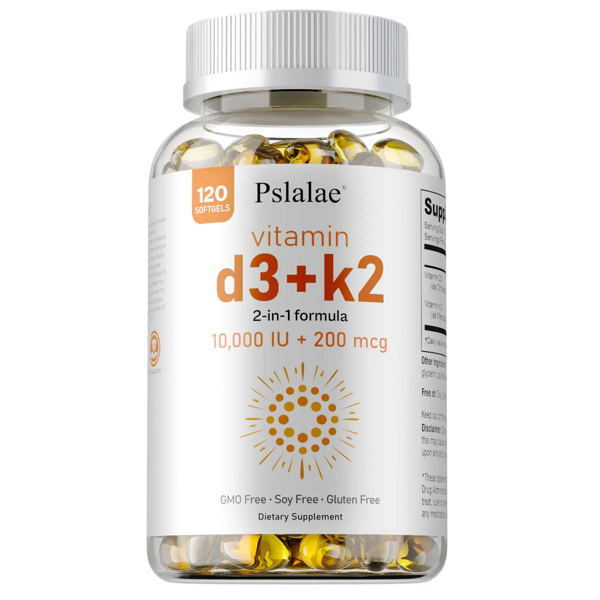 Pslalae Vitamin D3+K2 Softgels, a 2-in-1 formula to support bone and heart health, 60/120 capsules (optional)