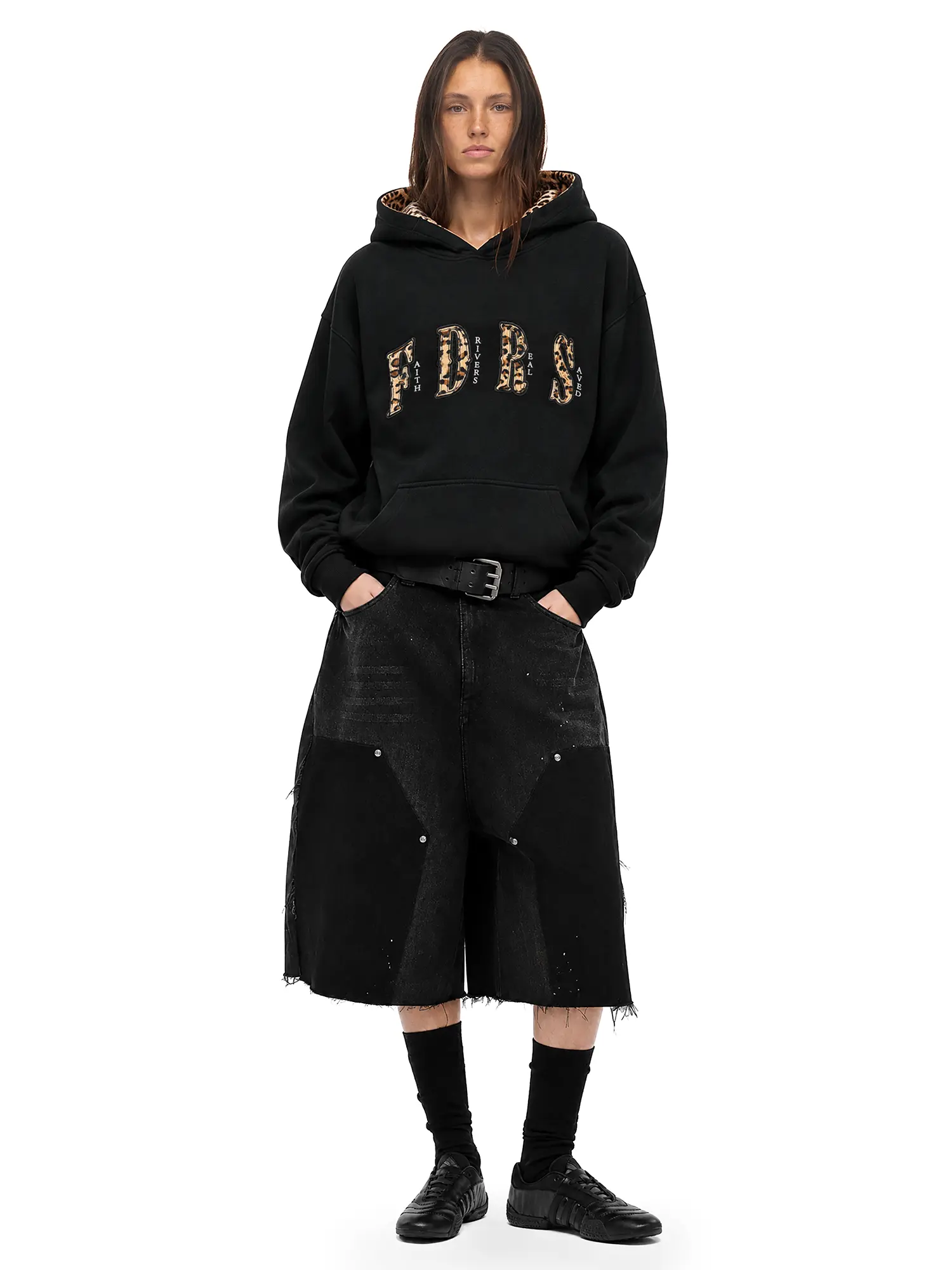 FDR Embroidered Print "Faith" Fleece Leopard Patchwork Hoodie for Men & Women Oversized Casual Pullover Sweatshirt Long Sleeve Top