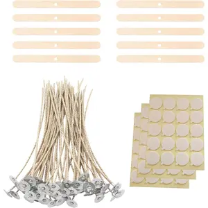 Candle Wicks Kit - 50 count 8 Inch  Candles Wicks with 10 count Wooden Holders 120 count Wick Stickers for Soy Wax Beeswax Coconut Wax Candle Making Supplies