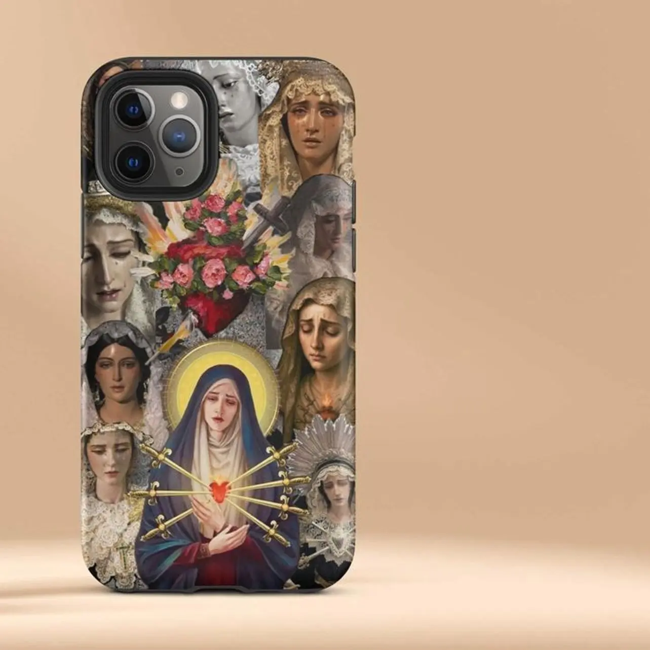 Mater Dolorosa Catholic iPhone Case Shockproof Dual Layer TPU PC Hard Shell for iPhone 15 16 17 Pro Max Marian Devotion Gift for Women & Men