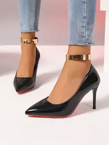 French Sole Pointed High Heel Shoes for Women, Slim Fit Glossy PU Leather, Spring & Fall, Sexy Style, Less Than Ankle Height