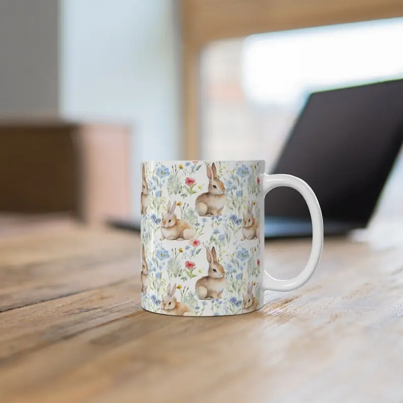 Cute Easter Bunny Mug, Bunny Rabbit Coffee Mug, Easter Wildflower Teacup Cute Easter Gift Ideas Boho Cottagecore Beautiful Coffee Mug Cute
