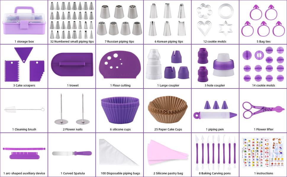 235 Pcs Purple Cake Decorating Kit with Storage Box, 100 Piping Bags, 48 Icing Tips, Scrapers & Spatulas - Complete Baking Supplies Set for Beginners, Professional Cake Tools for Birthday & Party