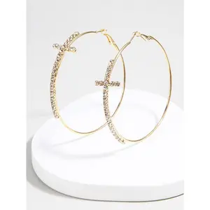 Cross Design Inlaid with Shiny Rhinestone Decor Hoop Earrings, Fashion Earrings, Alloy Material Jewelry, Statement Earrings