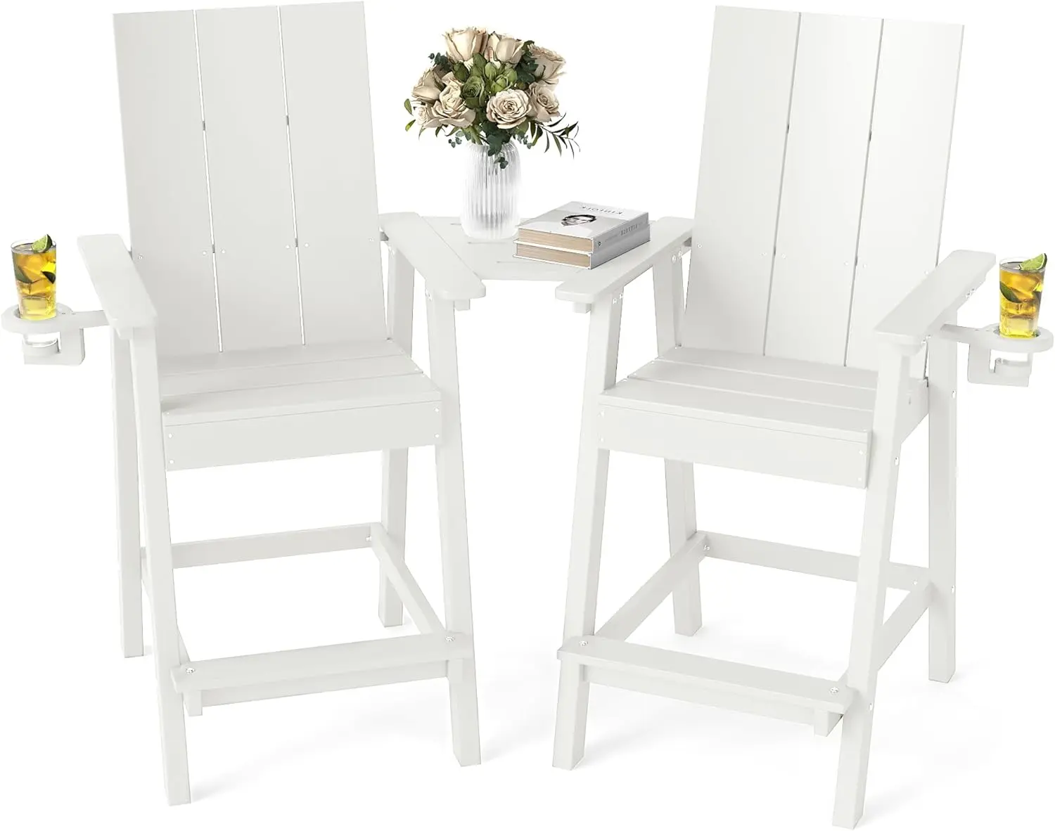 FOOWIN 2-Pack Tall HDPE Adirondack Outdoor Lounge Chairs, Outdoor Patio Furniture Bar Stools with Connecting Tray & Cup Holders, Weather-Resistant for Deck, Pool