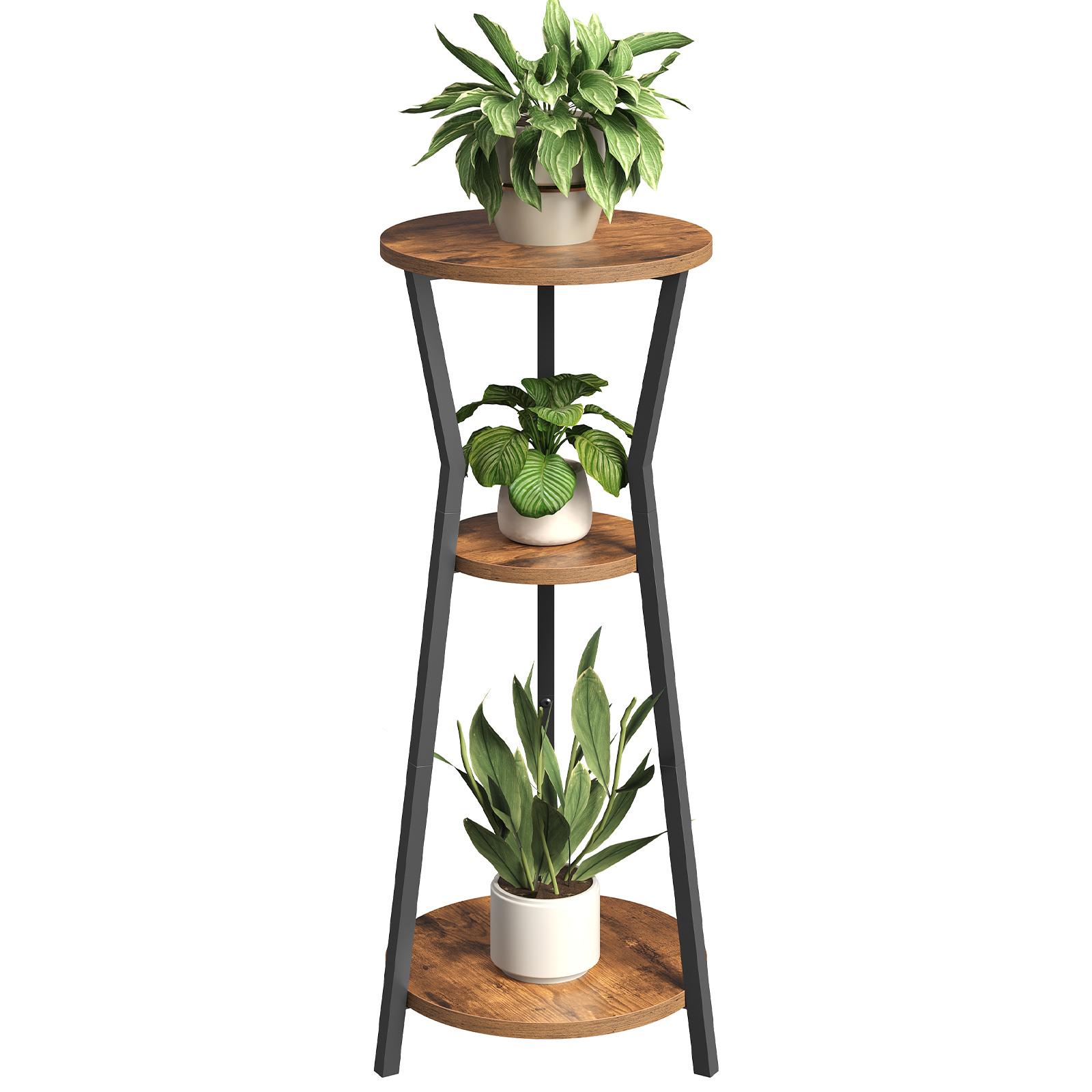MAHANCRIS Plant Stand Indoor, 3-Tier Round Corner Plant Shelf, Flower Pot Holder, Round Corner Display Rack, for Living Room, Balcony, Rustic Brown and Black