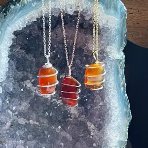 Carnelian Necklace, Wire Wrapped Carnelian Crystal Necklaces