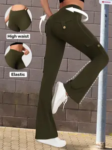 Women's High Waist Flare Pants with Pockets, Casual Long Trousers for Outdoor Sports and Daily Commute, Multi-Pocket Design