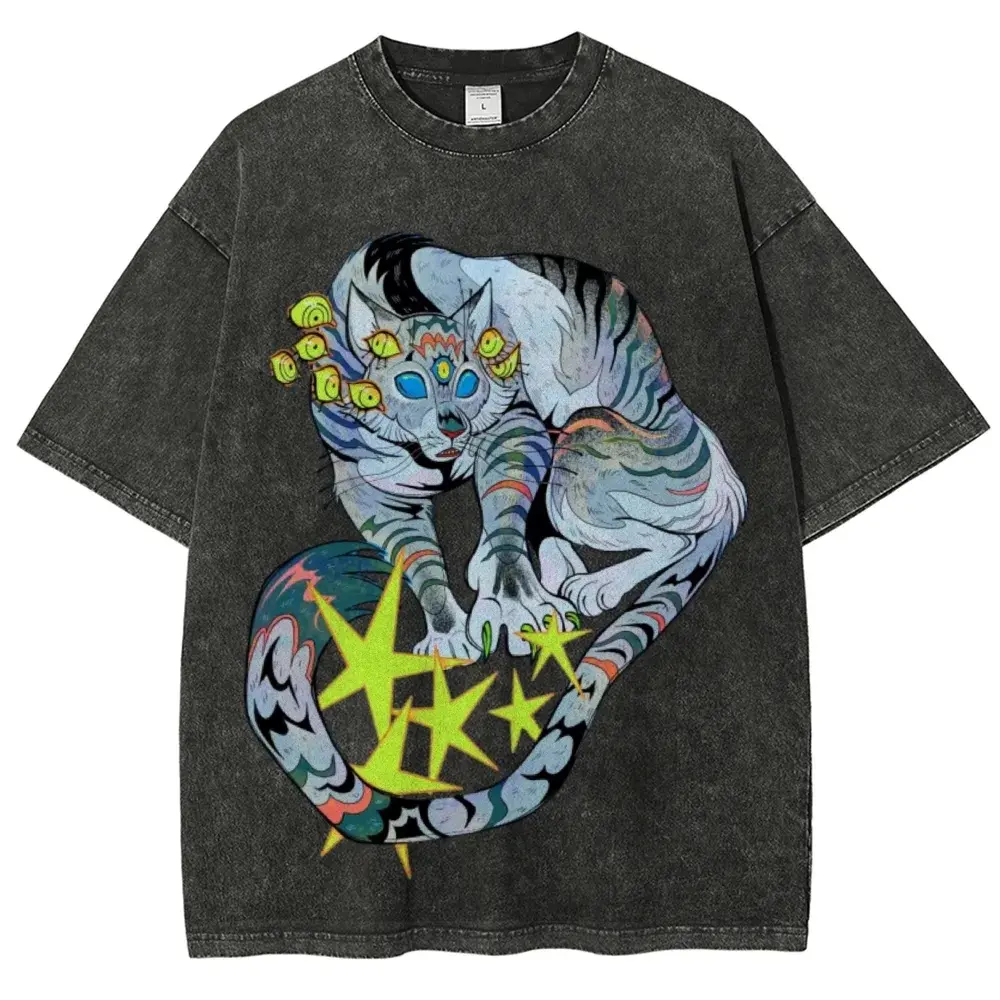 Men's Vintage Washed Crew Neck Shortsleeve Graphic Tshirt - Menswear Everyday Casual Fit Streetwear Top for All Seasons