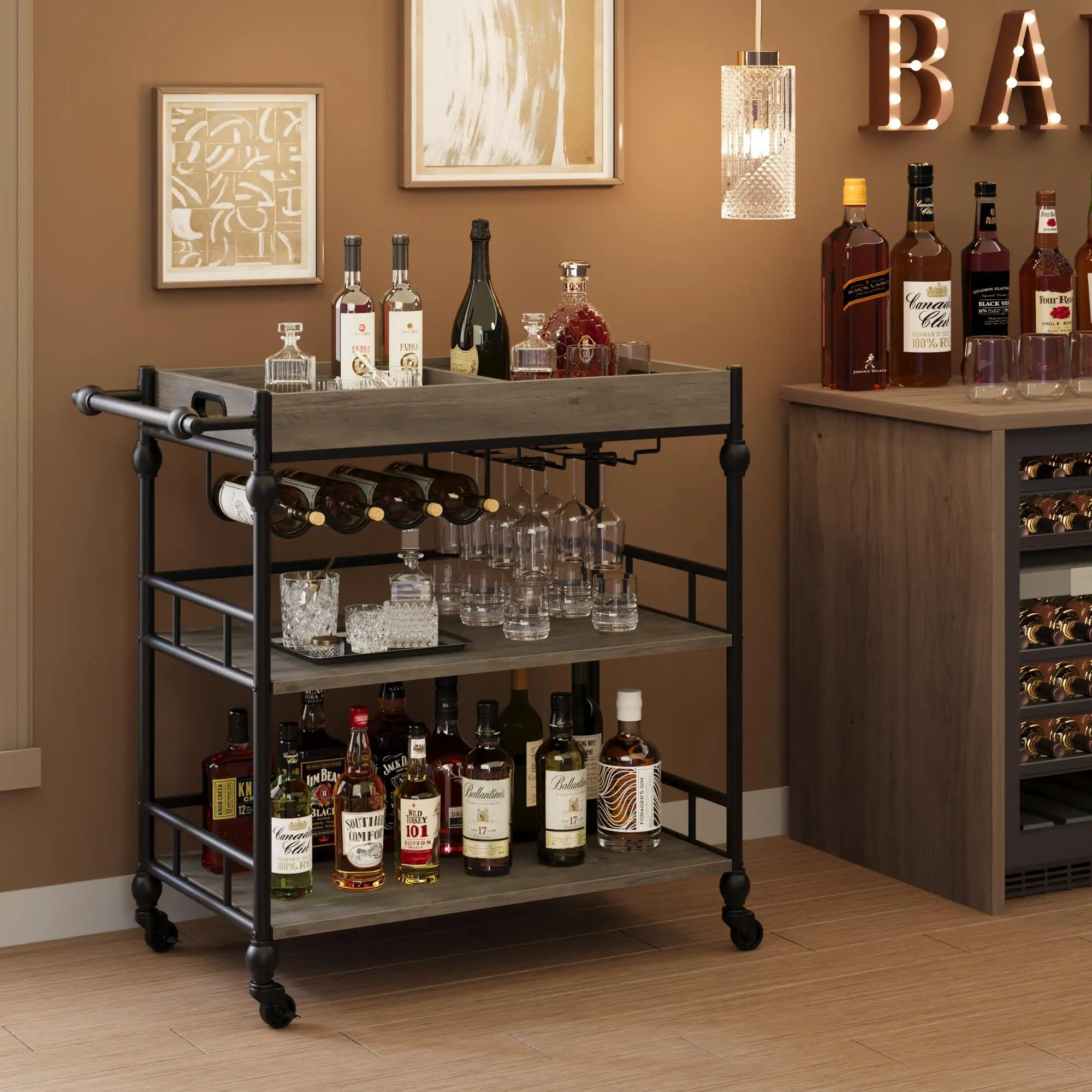 GARVEE Gray 3-Tier Industrial Bar Cart with Wheels, Wine Rack, Glass Holder, Removable Tray, Shelf, Bottles Storage & Handles, Stylish Retro Rolling Serving Cart for Kitchen, Living Room