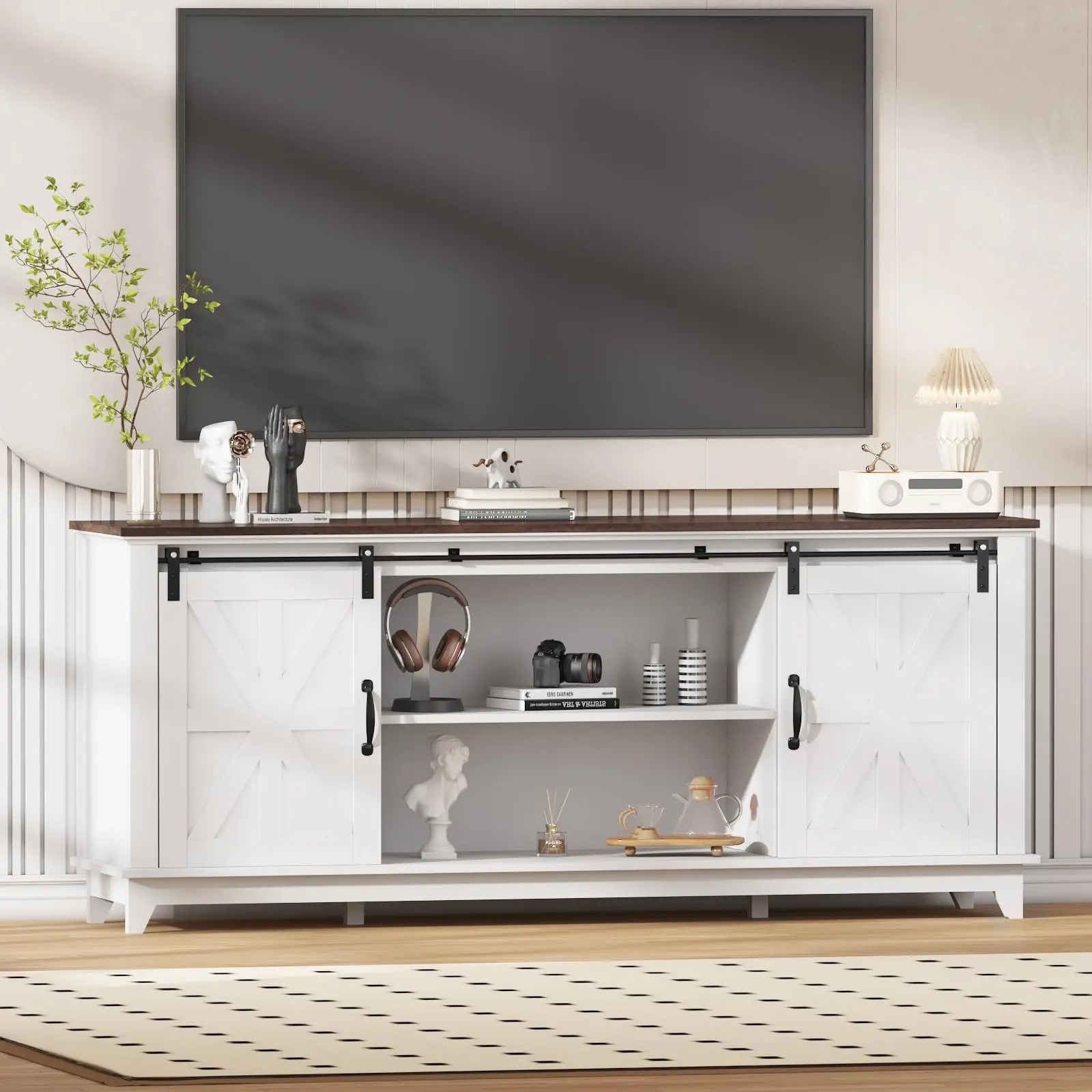 Modern TV Stand for TVs Up to 75'', Wooden Entertainment Center with Sliding Barn Doors, Media TV Console Table with Adjustable Shelf for Living Room