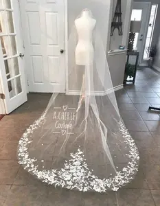 Floral Lace Cathedral Veil with Comb - Style CV09, Made-to-Order Fashion Accessory with Tulle Overlay