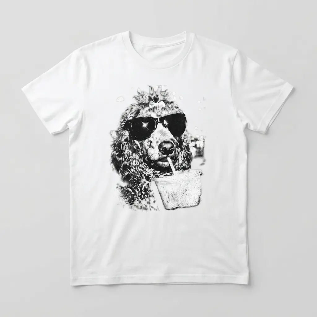 Poodle Sunglasses Graphic Women's T-Shirt, Cool Dog Drink Casual Crew Neck Tee Top Womenswear Breathable Polyester