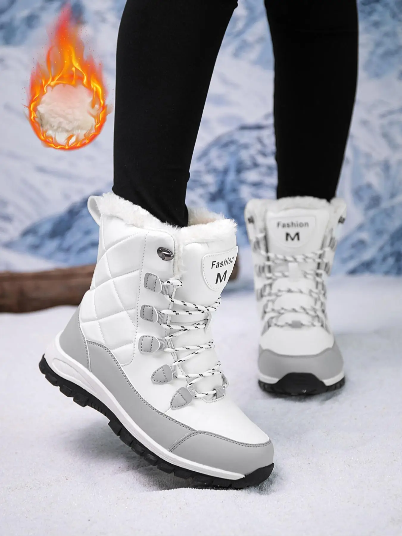 Women's Fashionable Letter Patched Design Lace Up Snow Boots, Women Shoes, Casual Warm Ankle Winter Boots for Winter, Female All-match Round Toe Boots