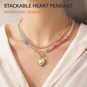 Dopamine Colorful Beaded Double Layer Necklace, Heart Pendant Stackable Clavicle Chain for Women