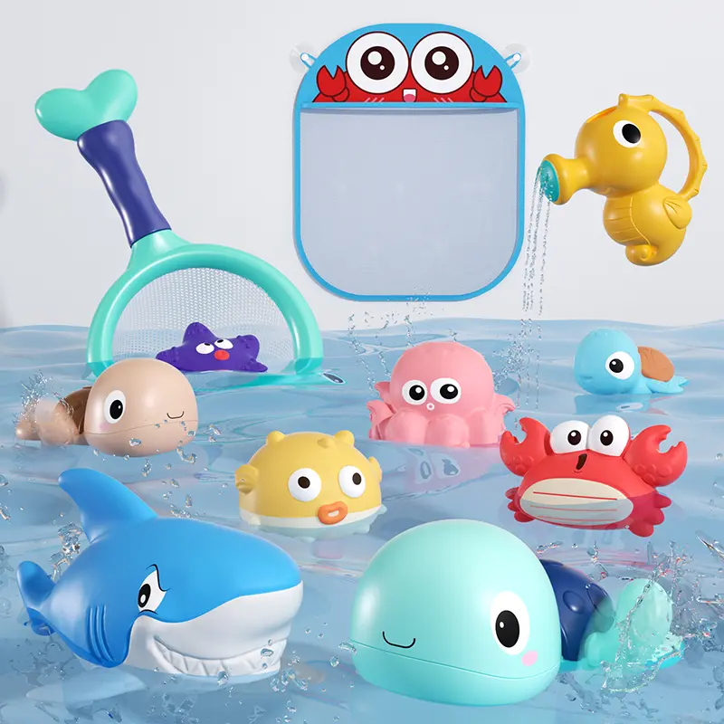 Bath Toy for Toddlers , No-Hole Bathtub Toys with Baby Bath Animals, Wind-Up Turtles, Fishing Net & Storage Bag, Floating Toys for Toddlers  Boys Girls (11 Pack)