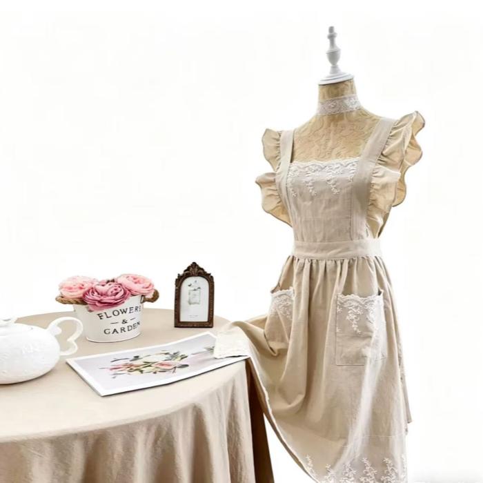 Cute Cotton Kitchen Apron Dress for Women with Large Pockets, One Size Fits All, Perfect for Cooking Baking Painting Gardening Cleaning, Soft and Comfortable Beige Apron