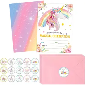 24 Pack Unicorn Birthday Invitation for Girls Boys Party Invitation Card 24 Envelope 30 Rainbow Sticker Labels for Birthday Baby Shower Party Supplies(Profile Unicorn Style)