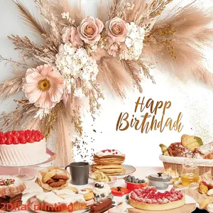 2DFlat1pc Boho Dried Flower Style Happy Birthday Backdrop Banner, With Pink Roses, Pampas Grass and Gold Glitter Elements, Ideal for Boho Birthday Party, Bohemian Themed Celebration, Ins Style Photoshoot Decoration, Can Be Used as Photo Background