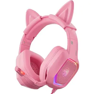 ZIUMIER Pink Gaming Headset with Detachable Cat Ears, Compatible with PS4 PS5 Xbox One PC Laptop, Over-Ear Headphones with LED Light, Noise Canceling Mic, Stereo Surround Sound